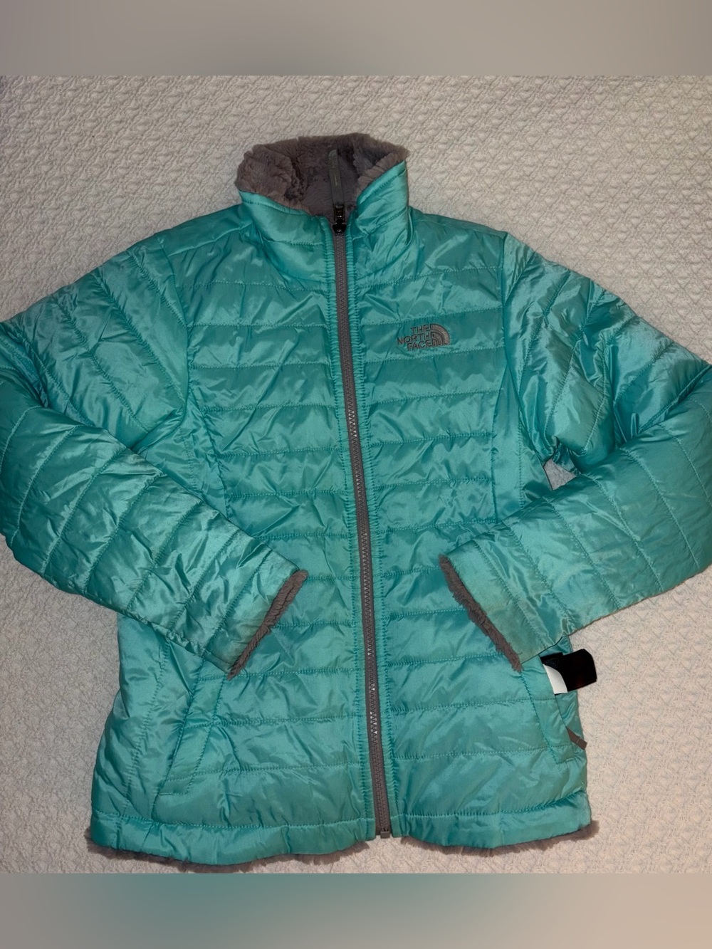 THE NORTH FACE REVERSIBLE MOSSBUD SWIRL JACKET GIRLS' 10/12 teal gray